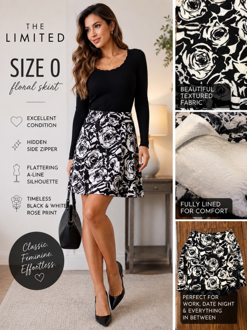 The Limited Black & Ivory Rose Print Skater Skirt‎ Size 0 Fully Lined
